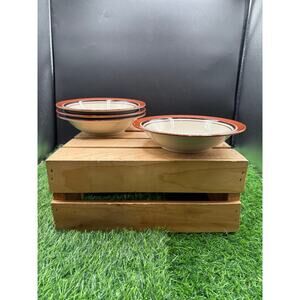 Set of 4 Sango Carousel Stoneware Bowls -Brown Bands -807 Japan- 7.5”